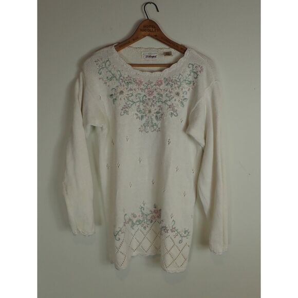 Worthington Vintage Sweater Medium White Flower Embroidered Lacy Granny Grandma - Picture 1 of 9